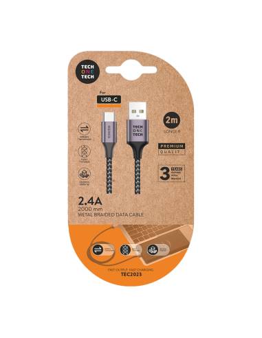 Cabo nylon cinzento 2m c/usb-a a usb-c. 2,4a. tech one tech