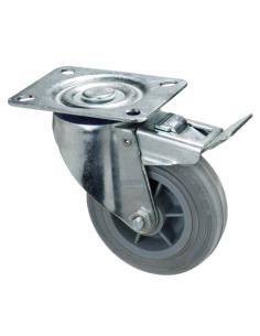 Rueda Industrial Goma Gris Placa con freno 100 mm. - Imagen 1