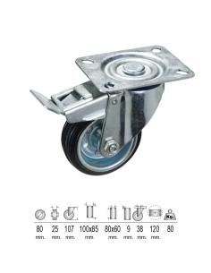 Rueda Industrial Goma Negra Placa con freno   80 mm. - Imagen 1