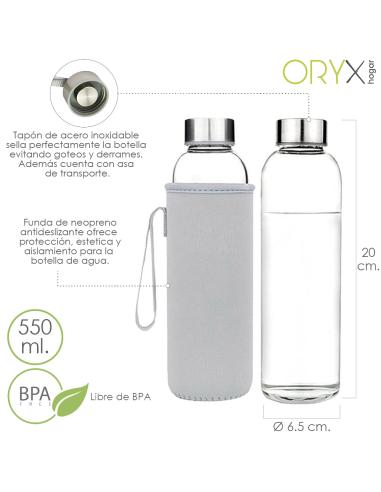Botella Agua Cristal 550 ml. Funda Neopreno con Asa. Sin BPA - Imagen 1