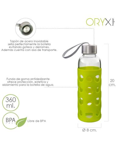 Botella Agua de Cristal, Capacidad De 360 ML. Libre BPA, Con Funda Goma y Tapon Antigotas - Imagen 1