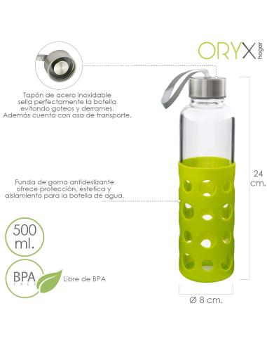 Botella Agua Fabricada En Cristal Con Funda De Goma y Tapon Antigotas, 500ml, Libre de BPA - Imagen 1