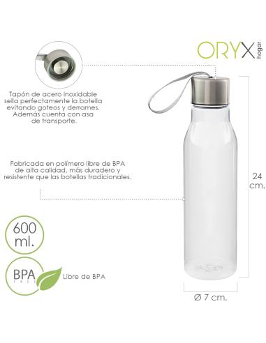 Botella Agua, Capacidad De 600 ML. Plastico Libre BPA, Con Asa, Tapon Acero Inoxidable. - Imagen 1