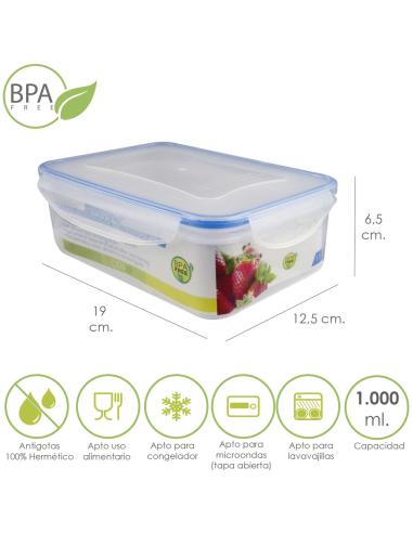 Recipiente Hermetico Plastico Rectangular 1.000 ml. 19x12.5x6.5 (Alt.) cm. - Imagen 1