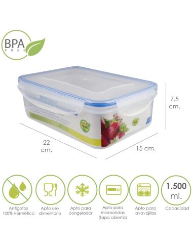 Recipiente Hermetico Plastico Rectangular 1.500 ml. 22x15x7.5 (Alt.) cm. - Imagen 1
