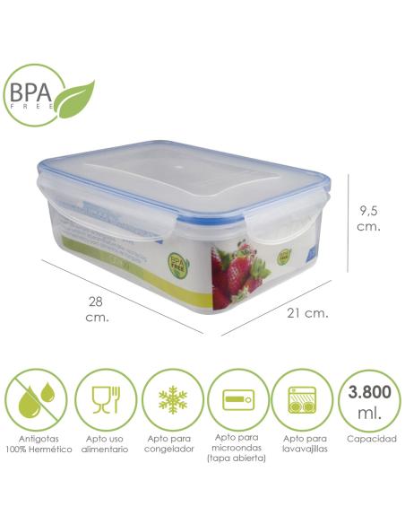 Recipiente Hermetico Plastico Rectangular 3.800 ml. 28x21x9.5 (Alt.) cm. - Imagen 1