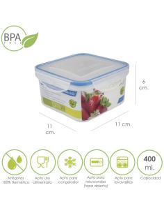 Recipiente Hermetico Plastico Cuadrado 400 ml.  11x11x6 (Alt.) cm. - Imagen 1