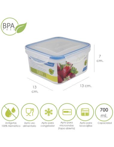 Recipiente Hermetico Plastico Cuadrado 700 ml.  13x13x7 (Alt.) cm. - Imagen 1