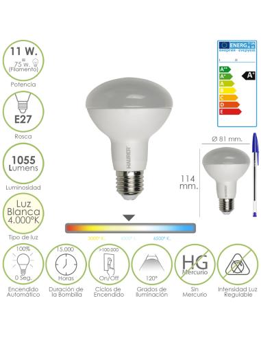 Bombilla Led Standar Rosca E27 (Gorda) 11 Watt. Equivale a 75 Watt. 1055 Lumenes. Luz Blanca (4.000º K) A+ - Imagen 1