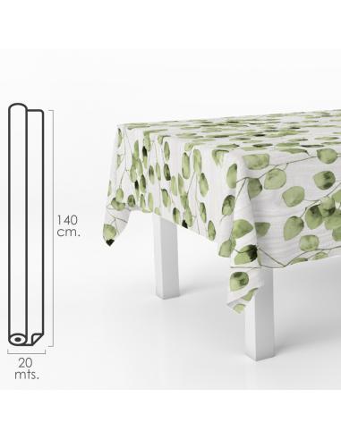 Mantel Hule Rectangular Hojas Verdes. Impermeable Antimanchas PVC 140 cm. x 20 metros. Rollo Recortable. Interior y Exterior - I