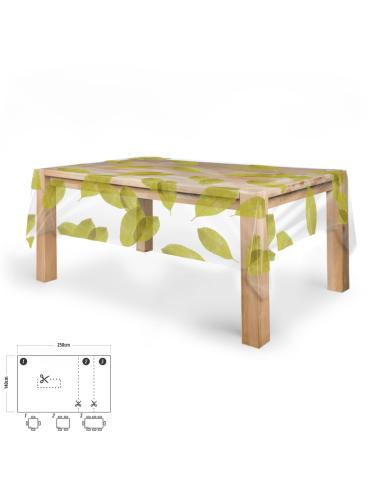 Mantel Hule Rectangular Hojas Transparente Impermeable Antimanchas PVC 140x250 cm.  Recortable Uso Interior y Exterior - Imagen 