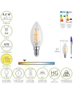 Bombilla Led Filamento Vela Rosca E14. 4,5 Watt. Equivale A 40 Watt. 470 Lumenes. Luz Cálida (2700º K.) - Imagen 1