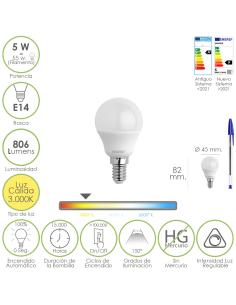 Bombilla Led Esferica Rosca E14. 5 Watt. Equivale A 55 Watt. 806 Lumenes. Regulable Luz Cálida (3000º K.) - Imagen 1