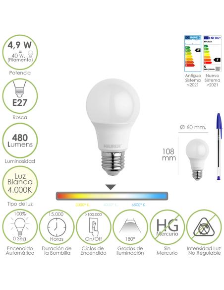 Bombilla Led Estandar Rosca E27. 4.9 Watt. Equivale A 40 Watt. 480 Lumenes. Luz Blanca (4000º K.) - Imagen 1