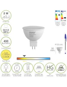 Bombilla Led Dicroica Rosca GU 5.3 / MR16. 5 Watt. Equivale A 40 Watt. 405 Lumenes. Luz Cálida (3000º K.) - Imagen 1