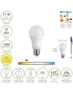 Bombilla Led Estandar Rosca E27. 11 Watt. Equivale A 90 Watt. 1055 Lumenes. Luz Calida (3000º K.) Dimerable - Imagen 1