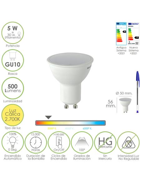Bombilla Led Dicroica Rosca GU10. 5 Watt. Equivale A 50 Watt. 500 Lumenes. Luz Cálida (2700º K) - Imagen 1