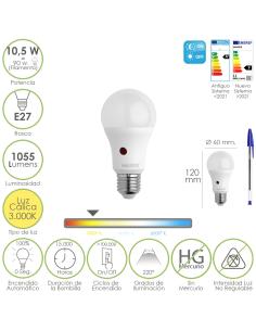 Bombilla Led Esfera Con Sensor Crepuscular. Rosca E27. 10.5 Watt. Equivale A 90 Watt. 1055 Lumenes. (Luz Calida 3000º K.) - Imag