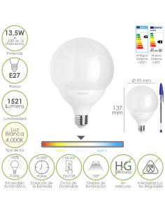 Bombilla Led Esfera Globo E27. 13,5 Watt. Equivale A 100 Watt. 1521 Lumenes. Luz Neutra 4000º K. - Imagen 1