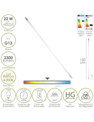 Tubo Led T8 150 cm. 22 Watt. Equivale A 150 Watt. 2300 Lumenes. Luz Neutra 4000º K. - Imagen 1