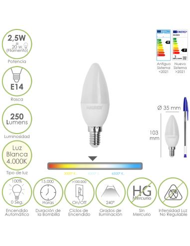 Bombilla Led Vela E14. 2,5 Watt. Equivale A 20 Watt. 250 Lumenes. Luz Neutra 4.000º K. - Imagen 1
