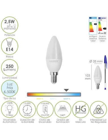 Bombilla Led Vela E14. 2,5 Watt. Equivale A 20 Watt. 250 Lumenes. Luz Fria 6500º K. - Imagen 1
