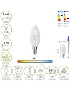 Bombilla Led Filamento Vela Esmerilada E14. 4,5 Watt. Equivale A 35 Watt. 470 Lumenes. Luz Neutra 4000º K. - Imagen 1