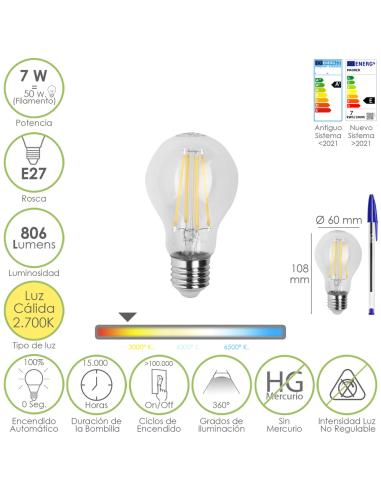 Bombilla Led Filamento Standar Rosca E27. 7 Watt. Equivale A 50 Watt. 806 Lumenes. Luz Calida 2700º K. - Imagen 1