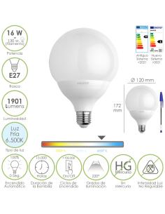 Bombilla Led Globo Rosca E27. 16 Watt. Equivale A 130 Watt. 1901 Lumenes. Luz Fria 6500º K. - Imagen 1
