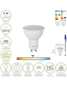 Bombilla Led Dicroica Rosca GU10. 5 Watt. Equivale A 35 Watt. 500 Lumenes. Luz Neutra 4000º K - Imagen 1