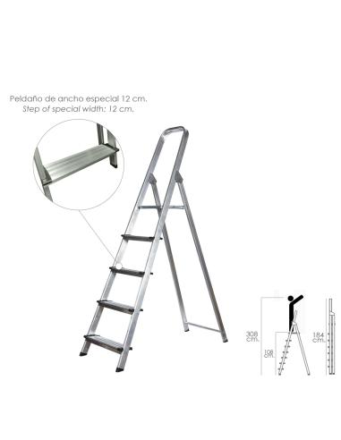 Escalera Doméstica Aluminio Profesional 5 Peldaños 12 cm Grosor. - Imagen 1