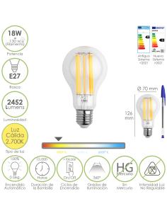 Bombilla Led Filamento Standar Rosca E27. 18 Watt. Equivale A 130 Watt. 2462 Lumenes. Luz Calida 2.700 º K.