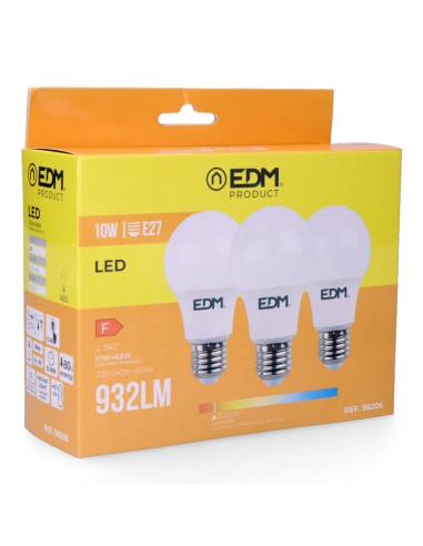 Kit 3 lâmpadas led standard e27 10w 810lm 3200k luz quente ø6x10,8cm edm