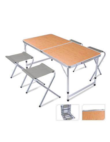 Conjunto de acampamento. mesa com 4 cadeiras dobráveis de alumínio