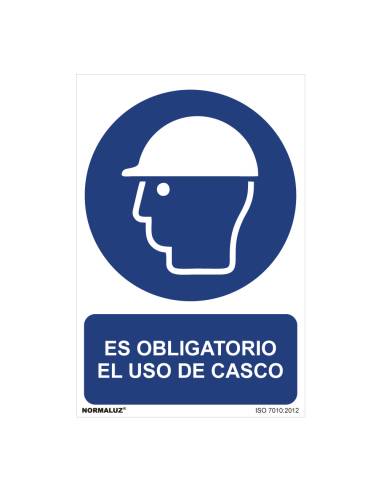 Señal uso obligatorio "es obligatorio el uso de casco" (pvc 0.7mm) 30x40cm