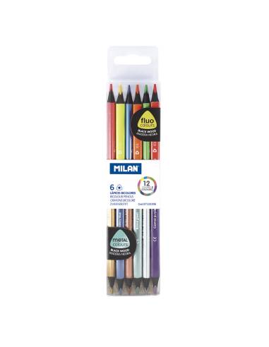 Caja 6 lápices bicolor triangulares madera negra (colores fluo + metalizados) milan