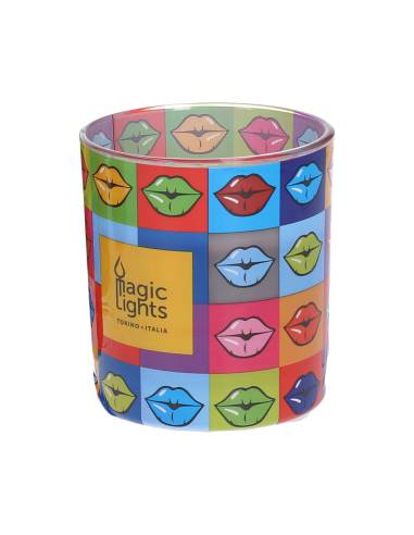 Vela em vidro pop art ø7,5cm a8,4cm lábios magic lights