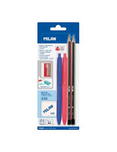 Blíster de 2 canetas p1 (azul/vermelho) 2 lápis grafito hb e h, borracha 430 e afia milan cores / modelos diversos