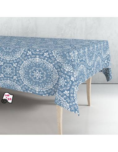 Rolo de toalha de mesa anti-nódoas mandala azul 140cm x 25m exma