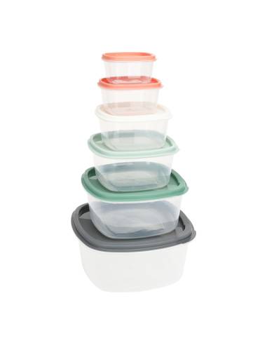 Set 6 recipientes de plástico com tampas coloridas e medidas diferentes