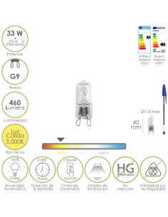 Bombilla Halogena G-9 33 W. 460 lumenes. Luz cálida (3.000ºK)